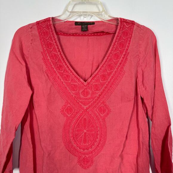 Tommy Bahama 100% Linen XS Pink Embroidered V-Neck 3/4 Sleeve Lightweight Top - Picture 2 of 5